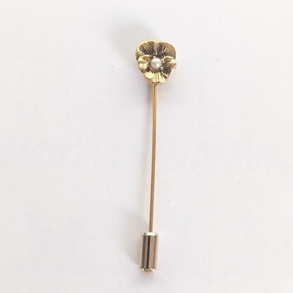 Vintage Estate Gold Tone Pansy Flower Faux Pearl Classic Cottage Stick Pin